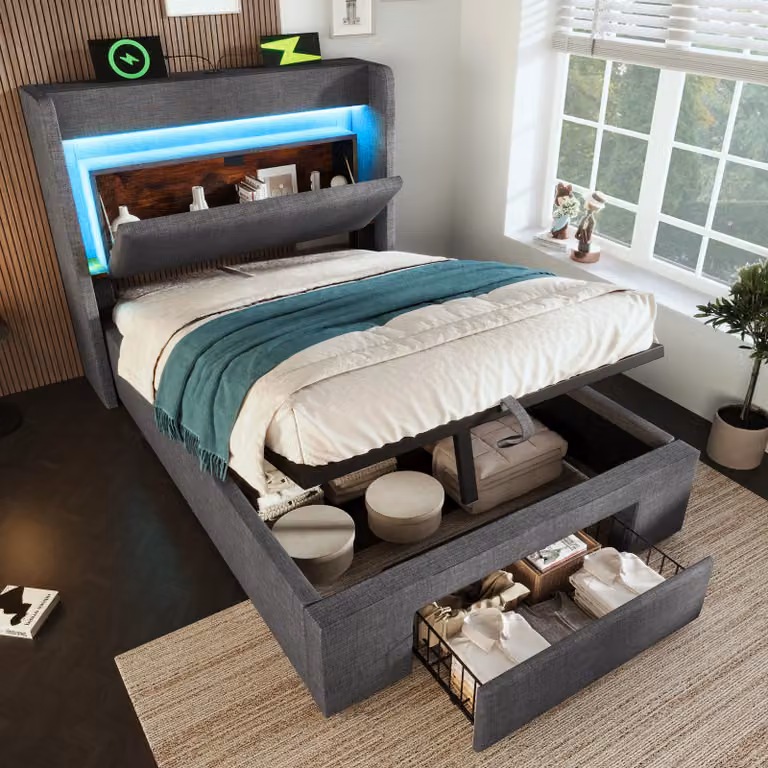 okwish Letto imbottito 90x200 cm letto per ragazzi con illuminazione a LED, letto per bambini con cassetti e spazio di archiviazione, letto contenitore con doghe in legno di lino, grigio (senza materasso)