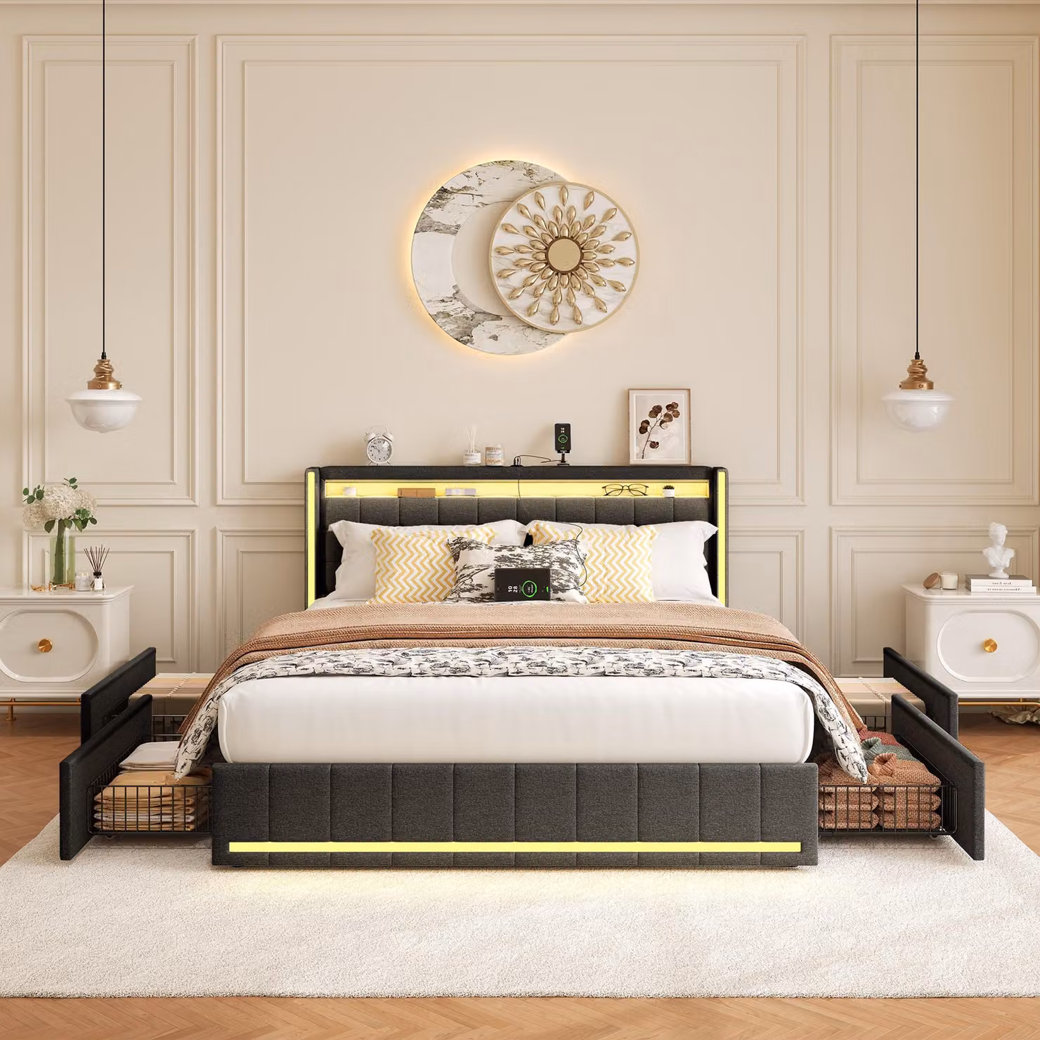 Letto imbottito 160 x 200 cm, testata a LED, 4 cassetti e funzione di ricarica USB, lino, beige
