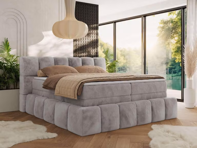 MKS MEBLE letto a molle insacchettate 120 x 200 con contenitore NIRA KING, letto imbottito a 7 zone con materasso multiplo e topper, letto matrimoniale - grigio chiaro felpato - H3