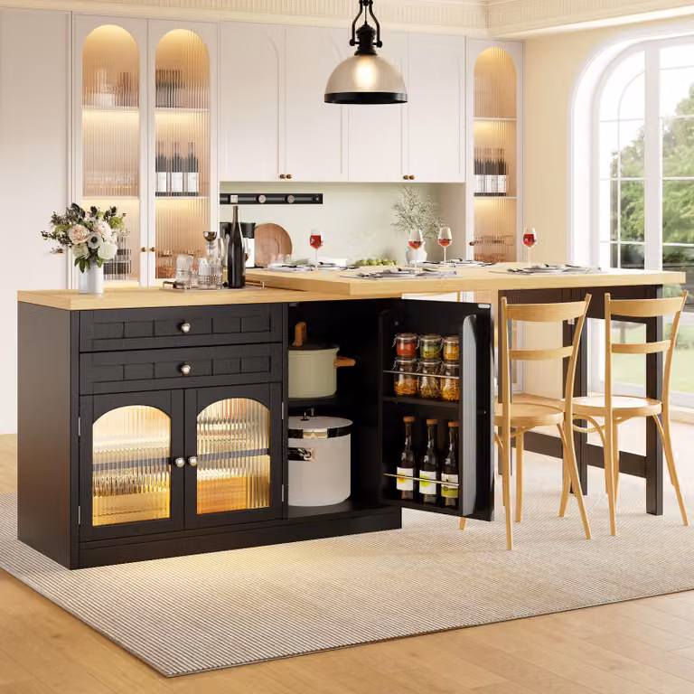 Isola cucina estendibile con piano girevole a 360°, tavolo da cucina con ante in vetro, cassetti e ripiani portaoggetti, tavolo da pranzo 120–194 cm, nero