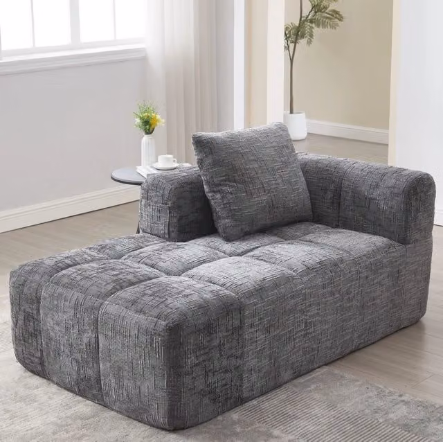 Divano chaise longue in ciniglia grigio 158x90x60 cm con cuscino e tasche laterali
