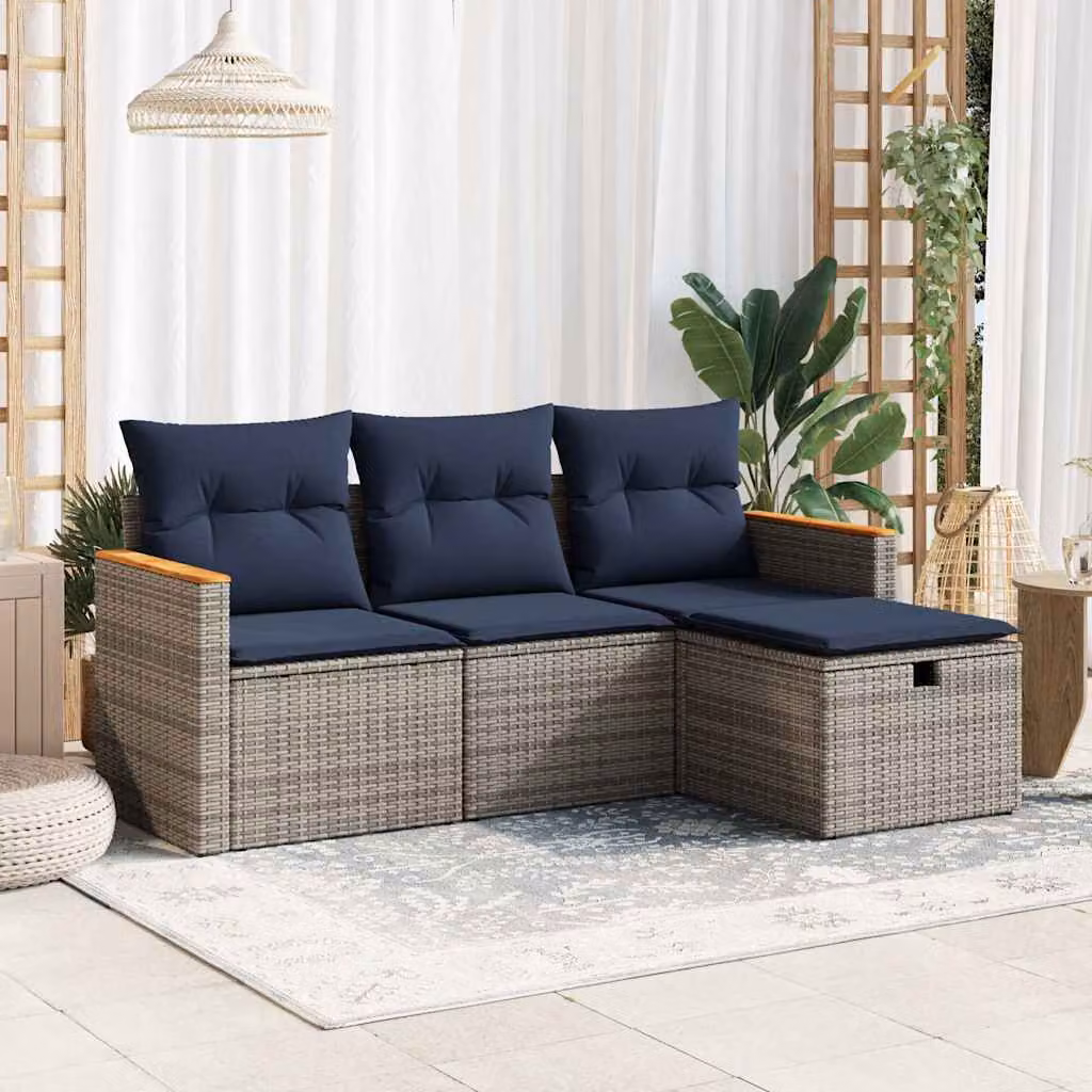 Set di Divani da Giardino vidaXL a Forma di L in Polyrattan Grigio con Cuscini e Ottoman per 4 Persone