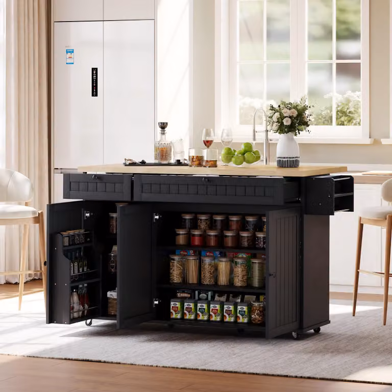 mobili da cucina okwish Mobile laterale a isola con piano di lavoro pieghevole e 6 rotelle bloccabili, credenza con ripiano e 2 ampi cassetti, nero