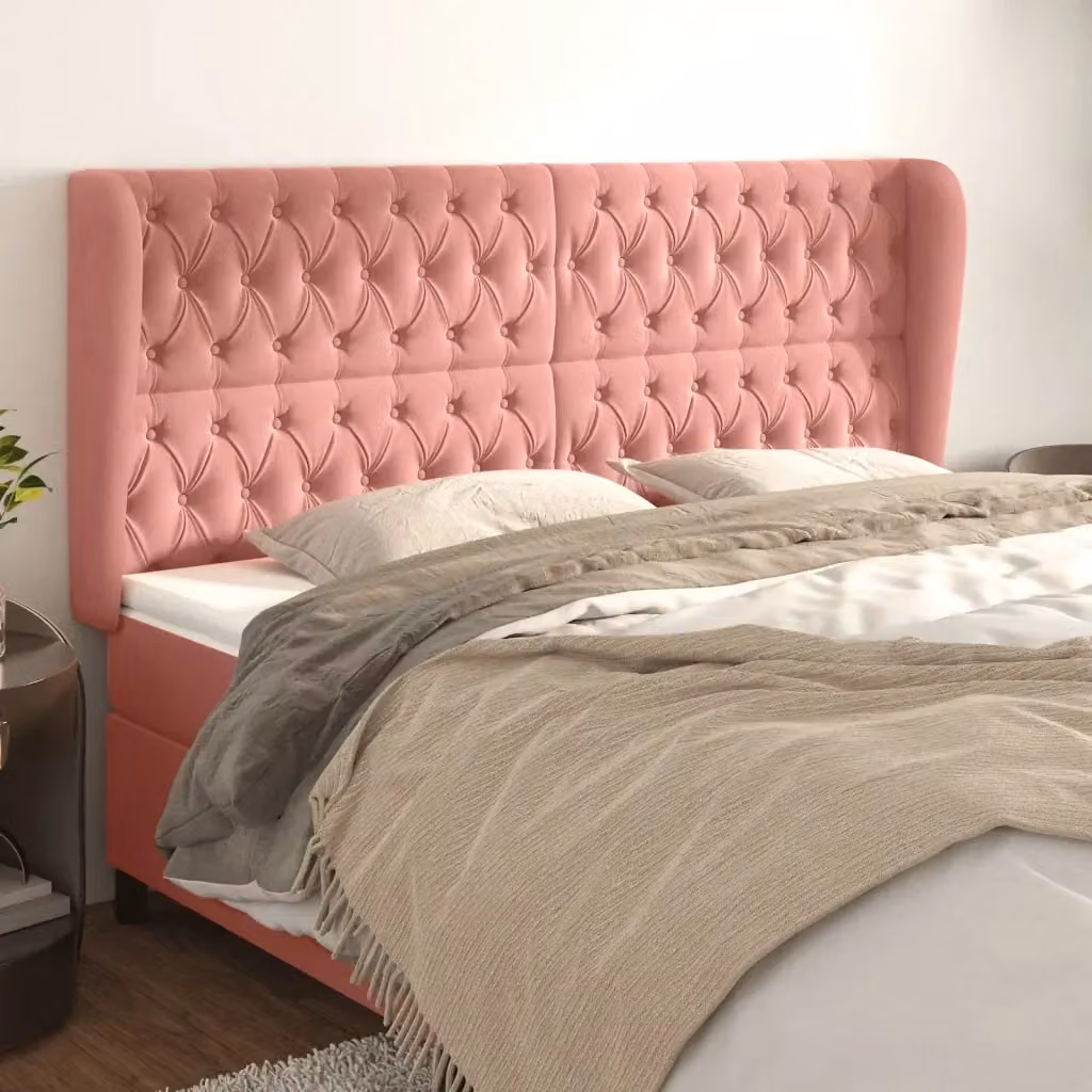 Testiera ad orecchio in velluto rosa con struttura in legno e MDF L: 203 cm, P: 23 cm, H: 118/128 cm – 2