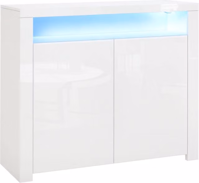 Mobiletto Salvaspazio Multiuso Moderno in Legno Bianco Lucido con Luci LED per Ingresso, Salotto o Bagno, L: 107 cm, P: 35 cm, H: 97 cm