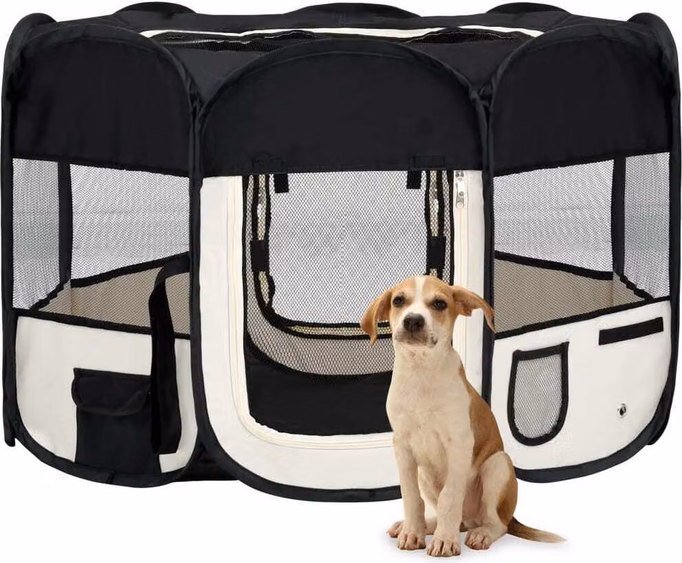 The Living Store Box pieghevole per cuccioli con borsa per il trasporto Nero 110x110x58 cm