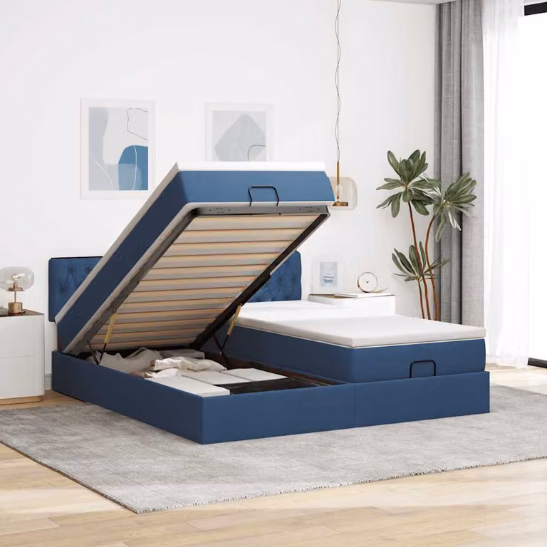 vidaXL Struttura Letto con Contenitore e Materasso in Tessuto Blu e Bianco L: 200 cm, P: 200 cm, H: 203 cm