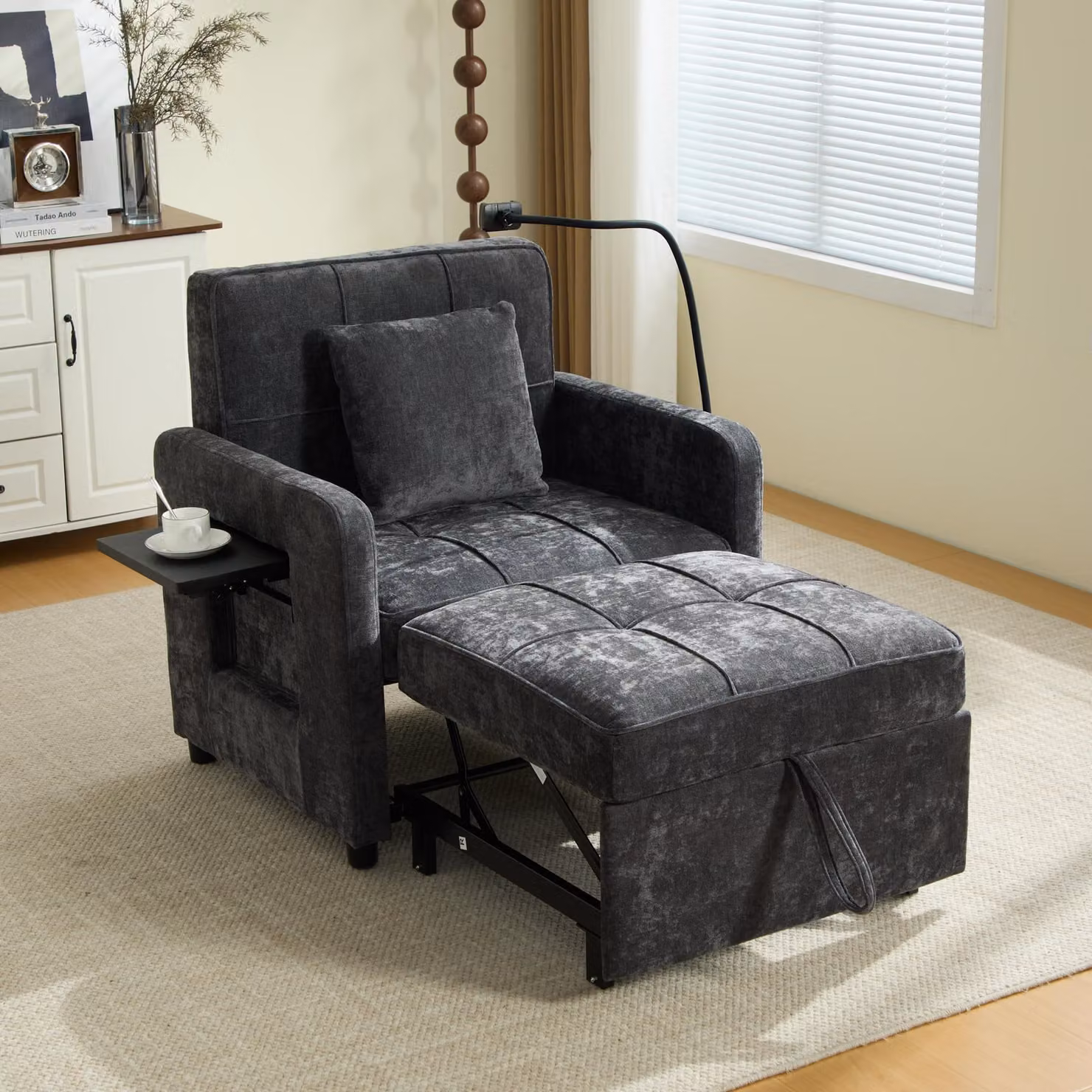 okwish Poltrona reclinabile Chenille, poltrona singola 2 in 1, schienale regolabile in 5 posizioni, vano portaoggetti, vassoio, supporto per cellulare, per il soggiorno, grigio scuro