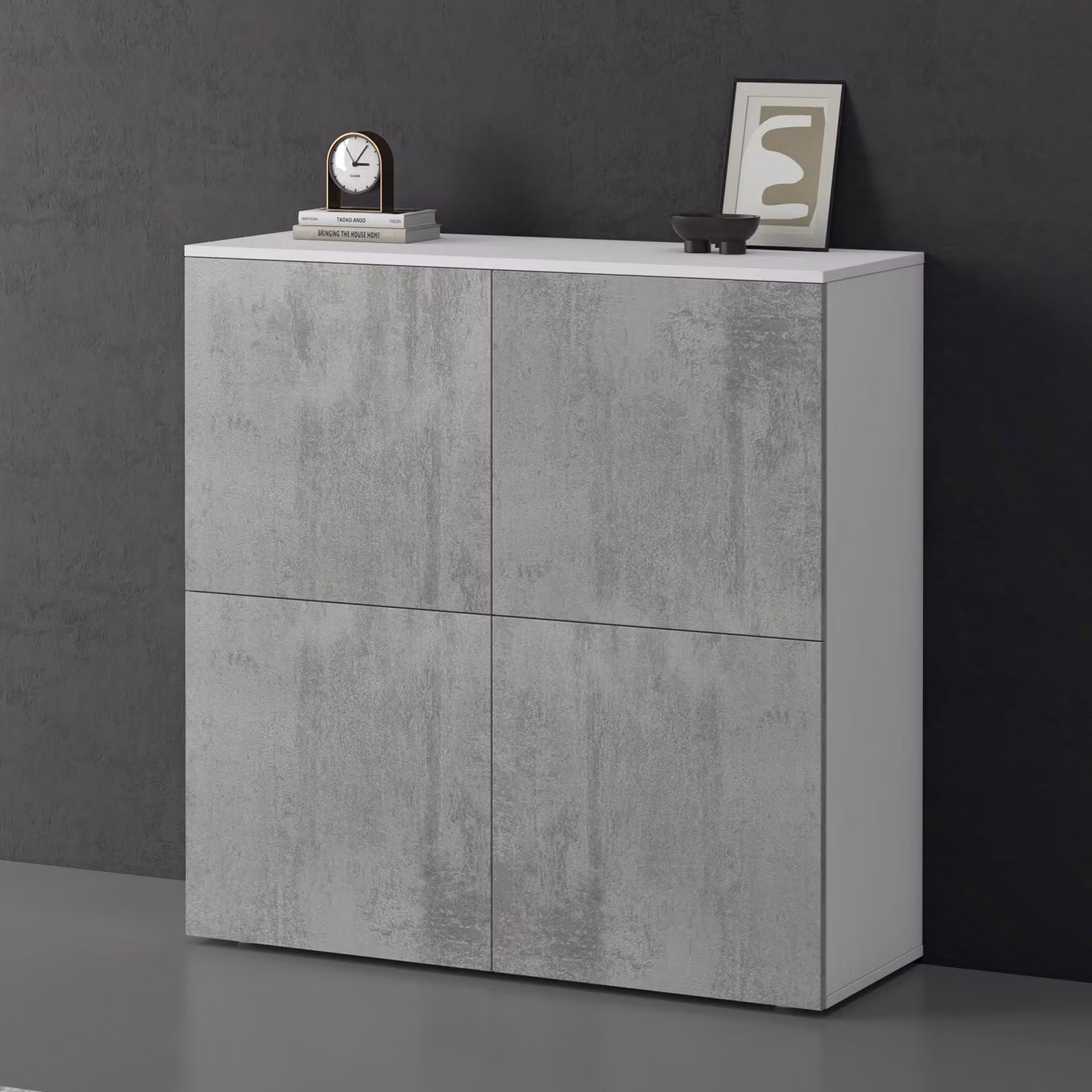 doporro Mobile Organizzatore Credenza Buffet in Legno con 4 Ante Push-to-Open e Soft-Close per Soggiorno, Sala da Pranzo o Ingresso, 100x36,4x100 cm Bianco opaco e Calcestruzzo Schrank04
