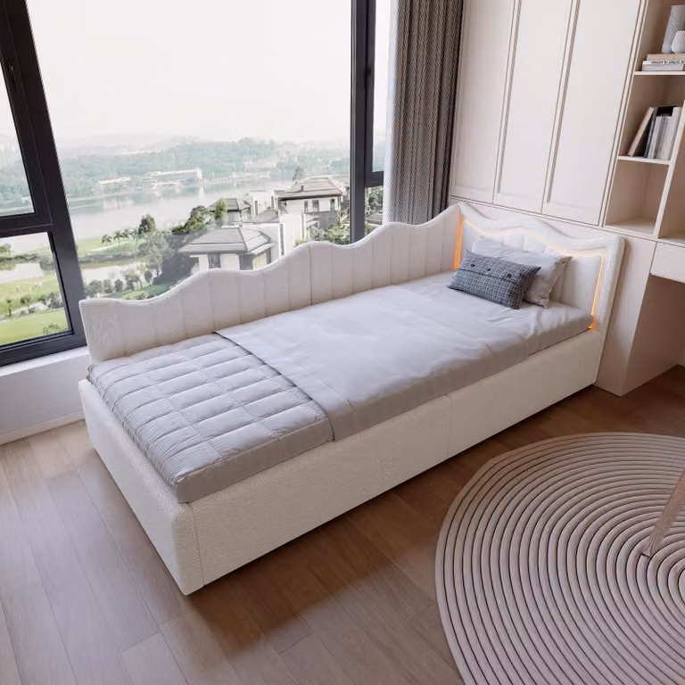 Letto imbottito ProximaX 90×200 cm in bianco, tessuto teddy, con illuminazione LED, molla a gas e contenitore - divano multifunzionale e letto per bambini