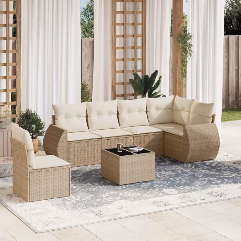 vidaXL Set Divani da Giardino a L 7 pz con Cuscini Beige e Tavolino in Polyrattan e Metallo