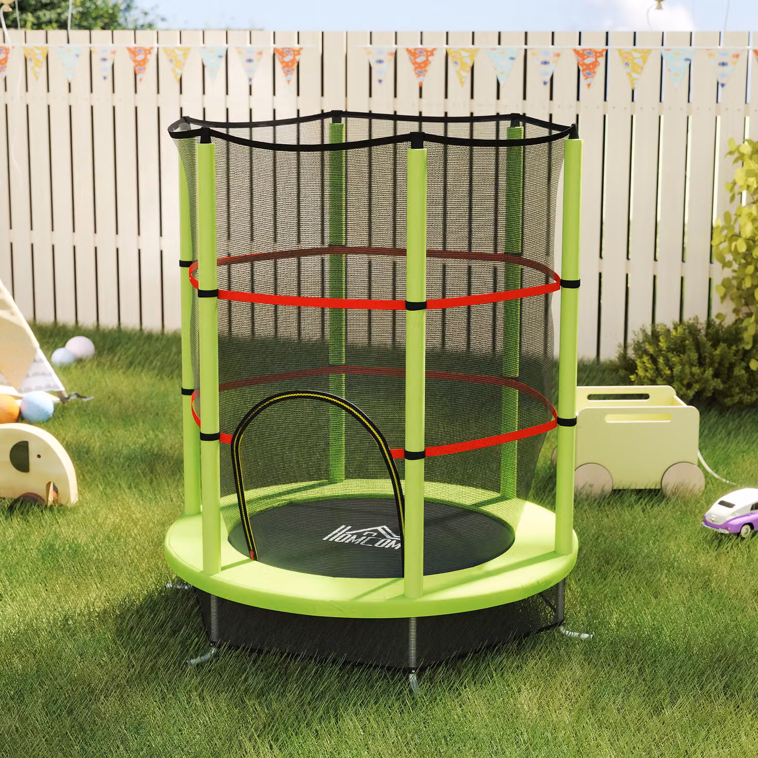 HOMCOM Tappeto Elastico per Bambini con Rete di Protezione, 6 Colonne e 3 Ingressi, L: 190 cm, P: 140 cm, Colore Verde e Nero – 2