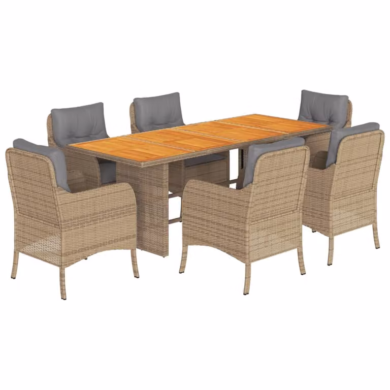 Set da Pranzo da Giardino 7 pz con Cuscini Beige in Polyrattan