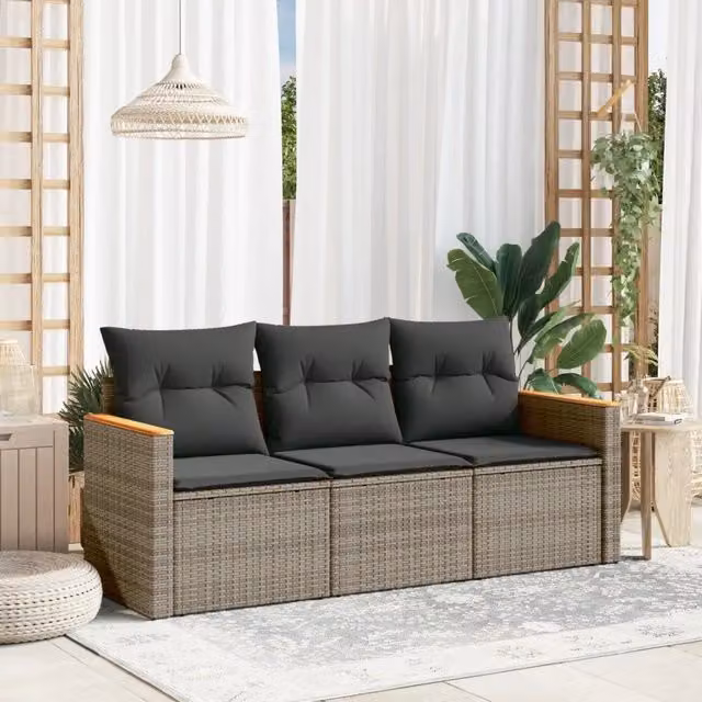 Set di divani da giardino VIDAXL in polyrattan grigio con cuscini, 3 pezzi