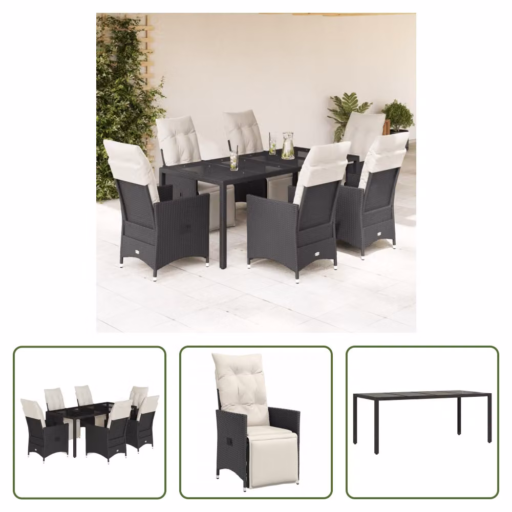 The Living Store Set da pranzo da giardino 7 pezzi con cuscini in polirattan nero