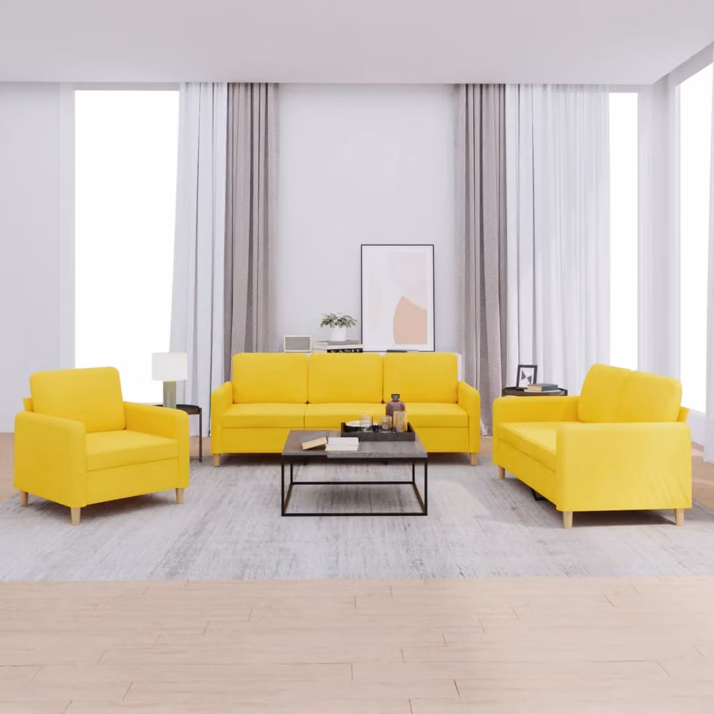 Set di divani 3 pezzi vidaXL in tessuto giallo con cuscini per soggiorno moderno – 1