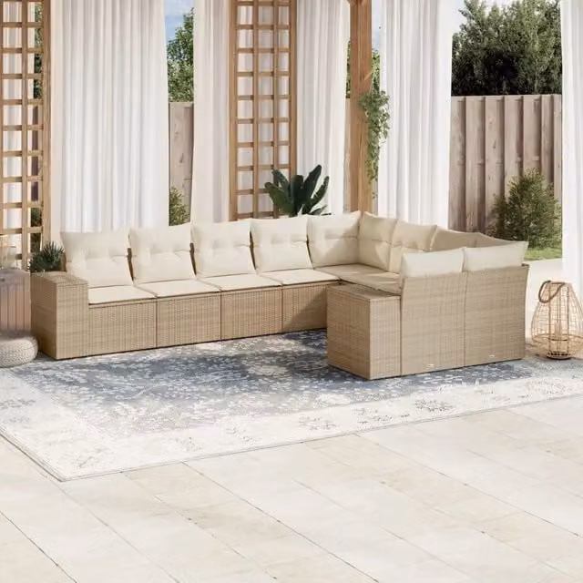 Set Divano da Giardino VIDAXL a L in Polyrattan con Cuscini Beige, 9 Pezzi
