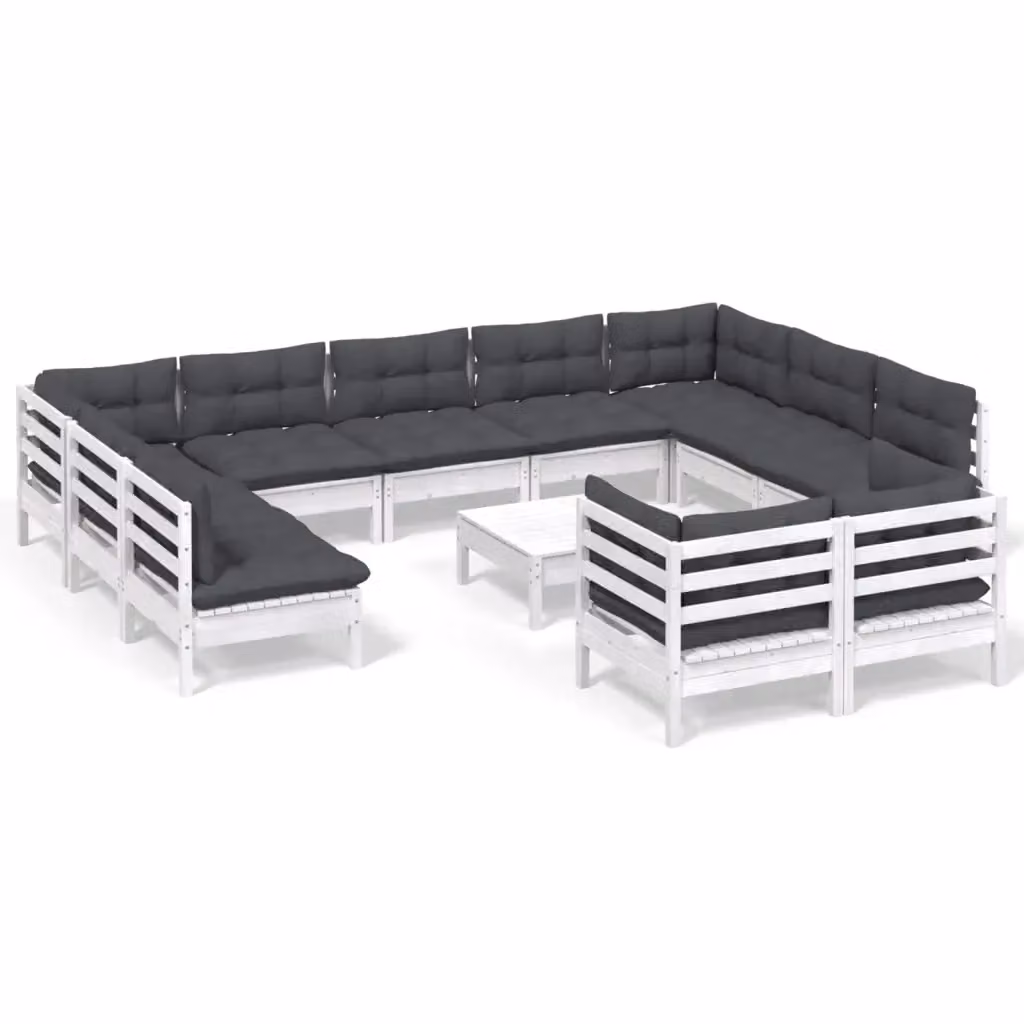 Set di divani da giardino a forma di U vidaXL in legno di pino con cuscini bianchi e antracite – 2