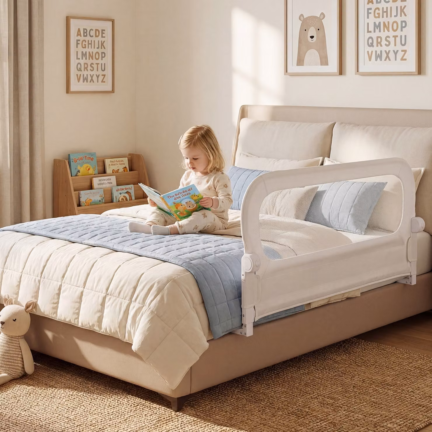Sbarra letto pieghevole per bambini Costway con base a U robusta e protezione regolabile, Bianco, 120 cm