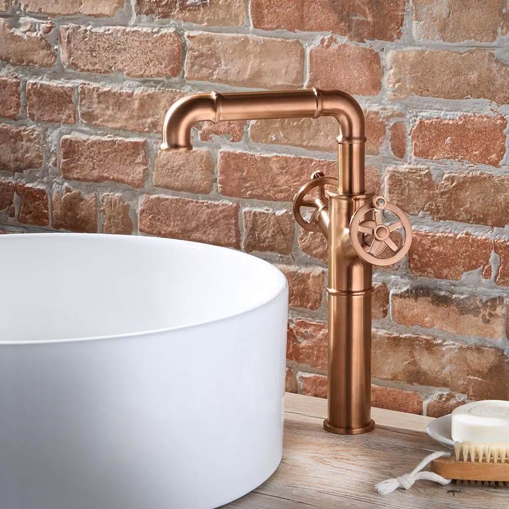 Miscelatore Alto Monoforo Lavabo Stile Industriale - Rame Satinato