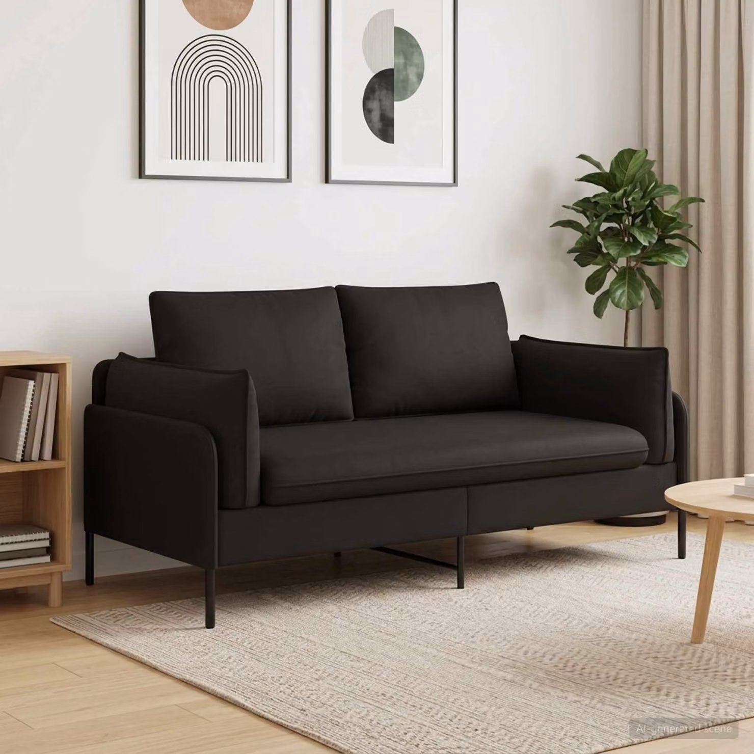 Divano a 2 posti vidaXL in velluto nero, design moderno e lineare, L: 188 cm, P: 81 cm, H: 89 cm