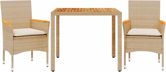 Set Pranzo da Giardino 3pz in Polyrattan con Tavolo in Legno di Acacia e Cuscini Beige e Bianchi