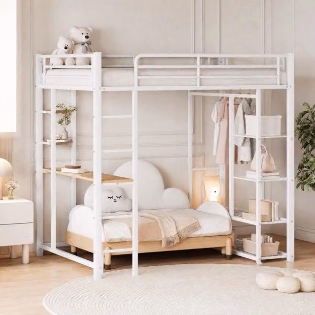 Letto a soppalco matrimoniale 140x200 cm in metallo con scrivania e armadio; bianco