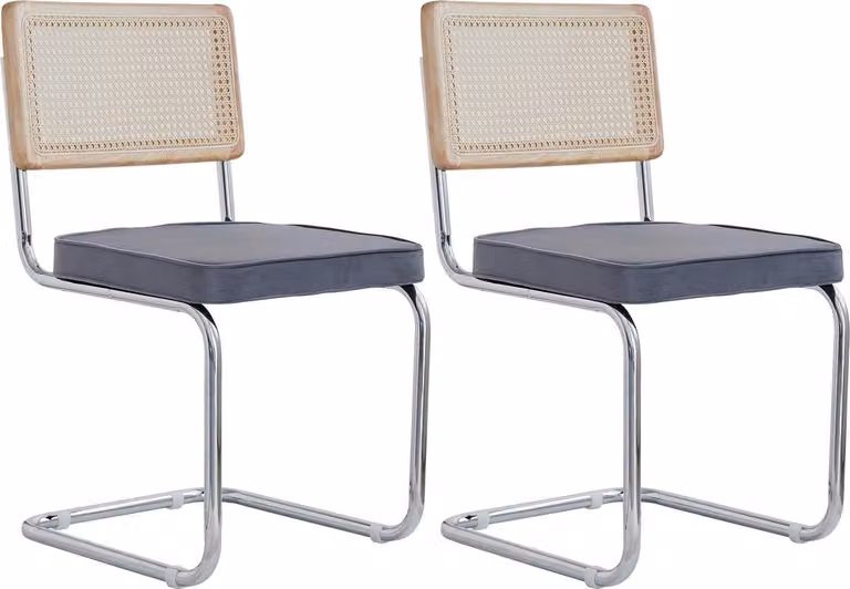Sedie da pranzo - Set da 2 - Schienale in rattan - Seduta imbottita in velluto - Gambe in metallo - Senza braccioli - 84×47,5×44 cm - Grigio scuro