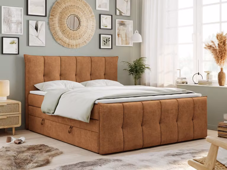 Letto boxspring King 120x200, letto boxspring 120x200 con contenitore e materasso H4, letto imbottito 120x200 con materasso, letto 120x200 con contenitore, PREMIUM-11-KING - 120x200 - Arancione - Struttura - H4