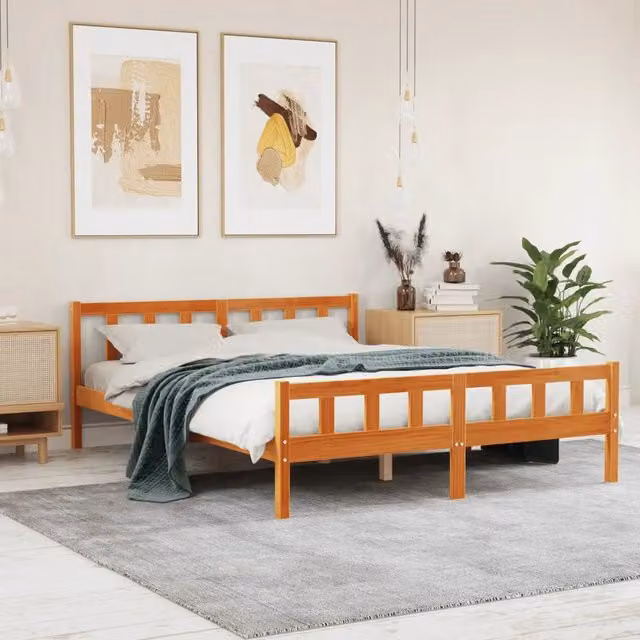 Letto in legno di pino rustico vidaXL, colore marrone cera, L/P/H: 150 x 200 x 155,5 cm – 1