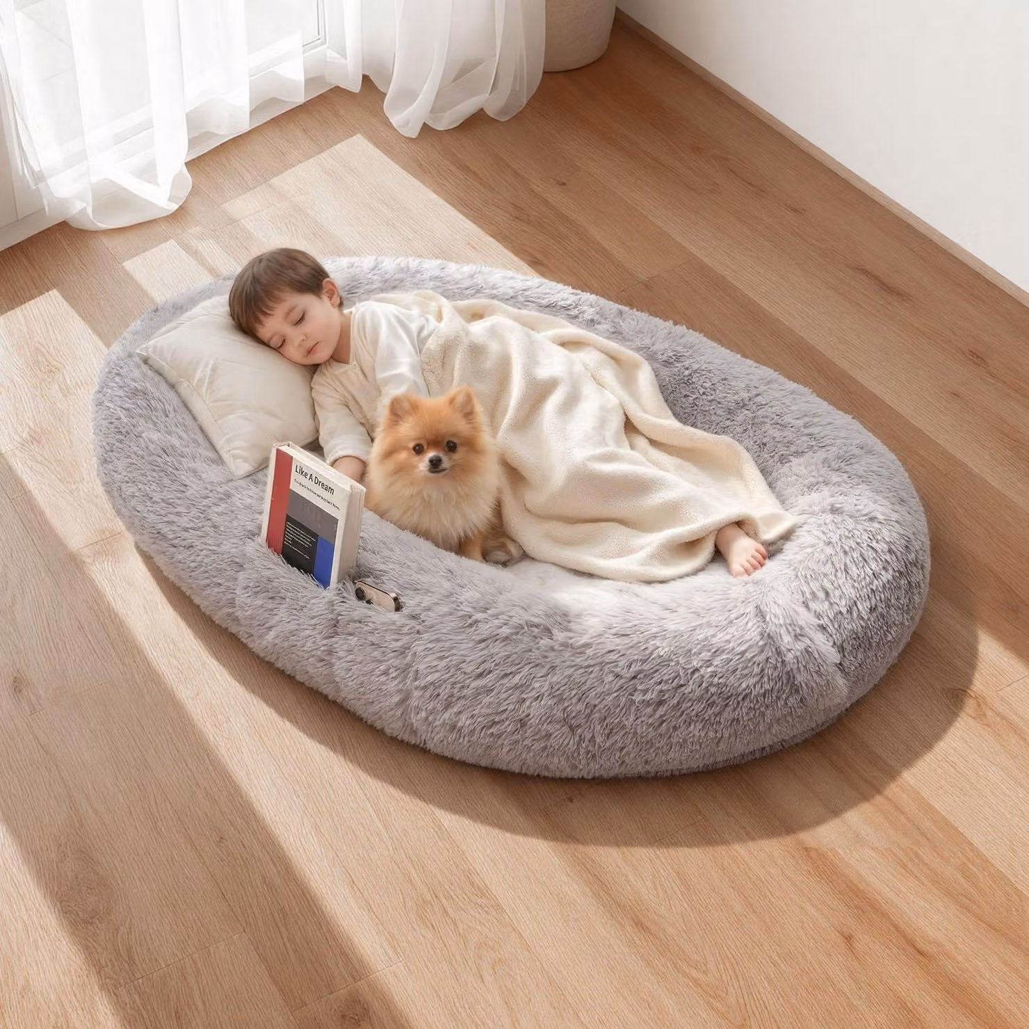 Letto per cani per persone e cani - Letto per cani in schiuma memory - Dimensioni per persone - 132 x 86 x 24 cm - Rivestimento sfoderabile, lavabile in lavatrice - Tasca laterale e maniglia per il trasporto - Peluche lungo - Grigio
