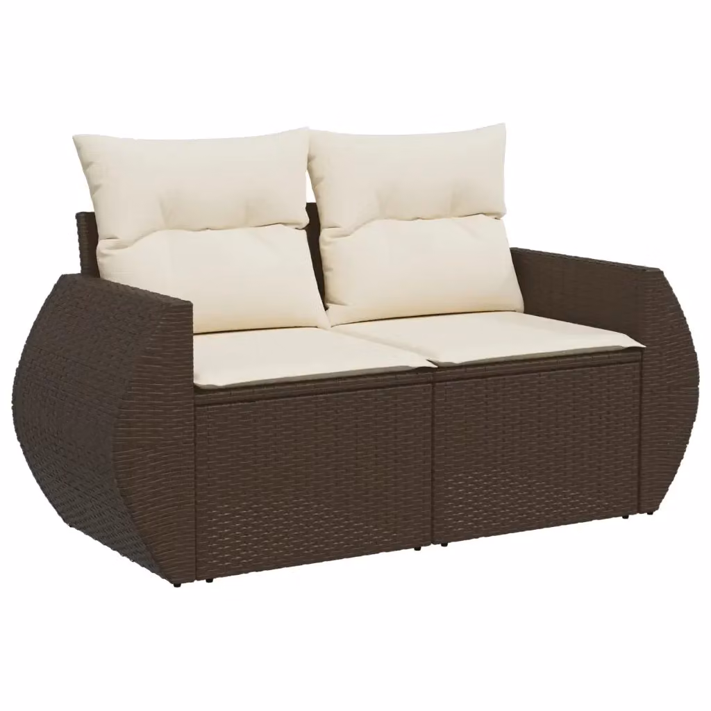 Divano da giardino a 2 posti vidaXL in polyrattan marrone e bianco con cuscini imbottiti e coperture rimovibili – 2