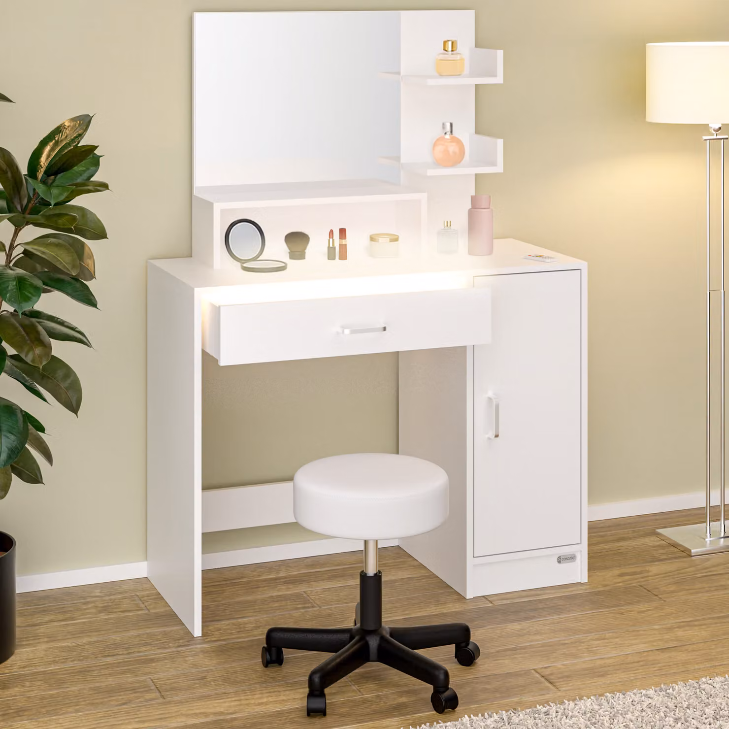 Tavolino da toilette Jocelyn Casaria White con sgabello rotante L: 140 cm, P: 90 cm, H: 40 cm – 3