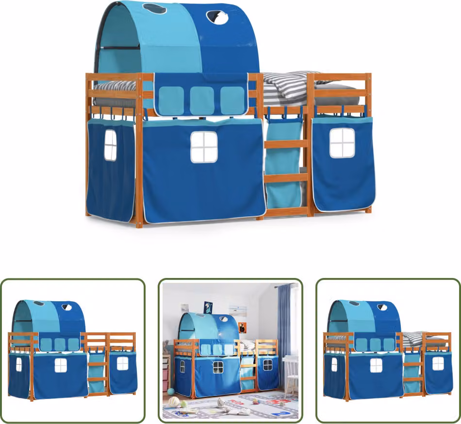The Living Store Letto a castello con tende blu 80x200 cm in legno di pino massiccio