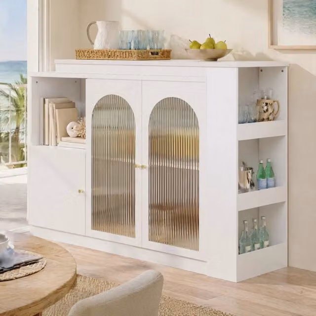 Credenza bar girevole a 360 con ante in vetro e struttura in MDF bianca, mobile multiuso moderno L: 120 cm, P: 40 cm, H: 97 cm