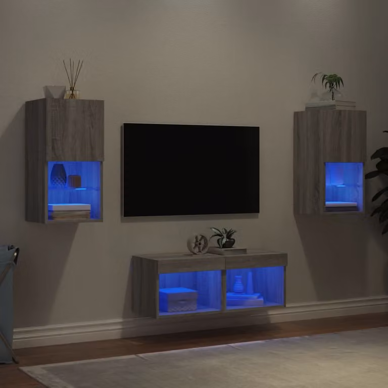 vidaXL Mobile TV a muro moderno in 4 pezzi con luci LED integrate, Grigio, L: 40 cm, P: 30 cm, H: 30 cm