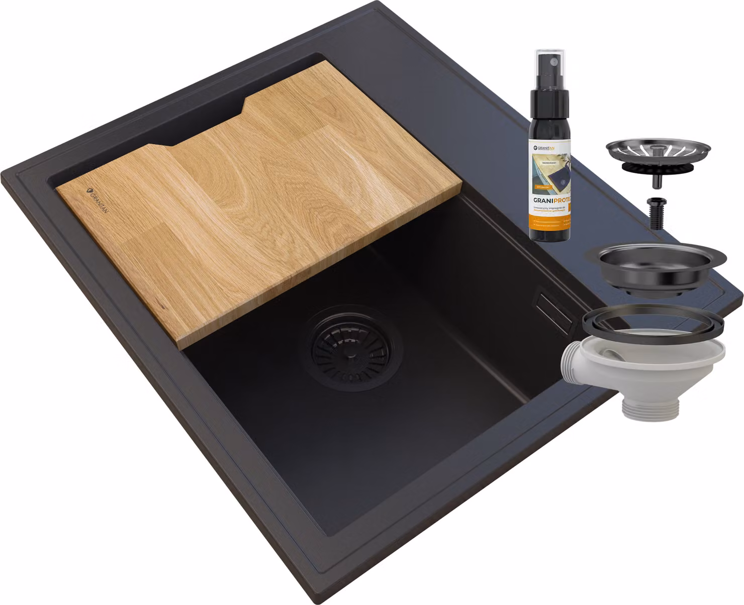 Granitan - Lavello in granito - Lavello da cucina - 56x50 cm - Nero - con sifone e tagliere - Lavello - FOXAL