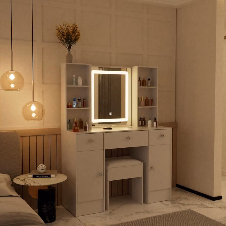 Set da trucco - Bianco - 140x100x40 cm - Struttura in MDF con piano in vetro - Include specchio con illuminazione LED e sgabello