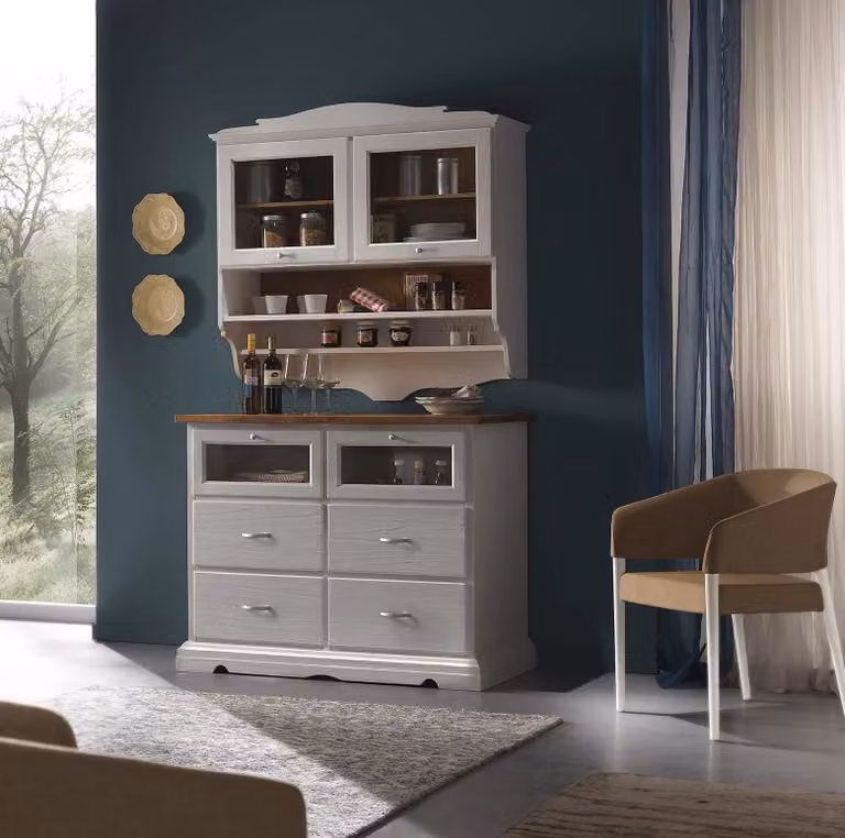 Cristalliera shabby chic in legno massello con ante in vetro e 2 cassetti di Mobili 2G, colore grigio, L: 120 cm, P: 58 cm, H: 197 cm