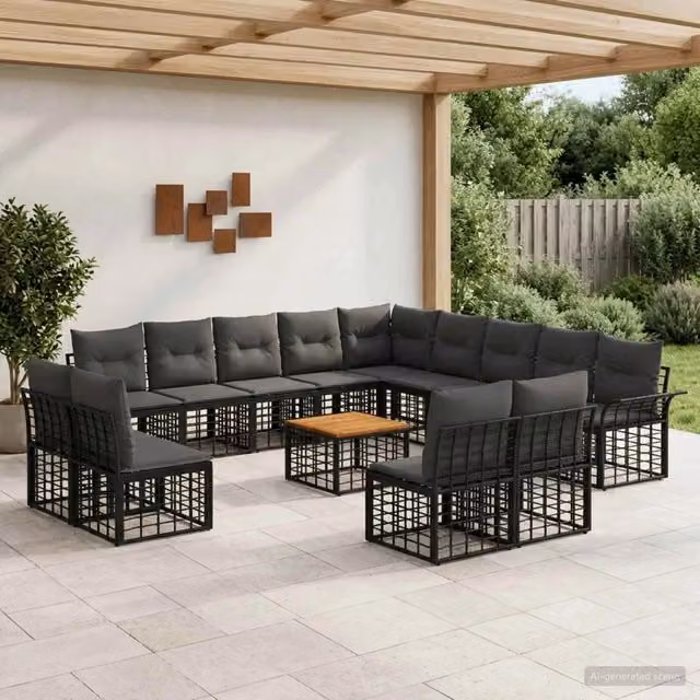 Set di divani da esterno a forma di L vidaXL con tavolo da caffè, colore nero e grigio, struttura in acciaio verniciato a polvere e cuscini inclusi resistenti ai raggi UV – 1