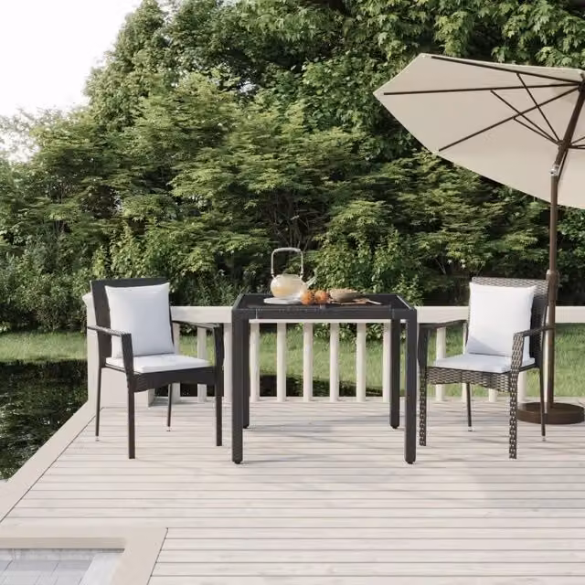 Set da pranzo da giardino moderno vidaXL in polyrattan con tavolo in vetro e cuscini nero e bianco – 1