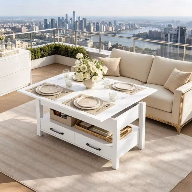 Tavolino basso alzabile estensibile con 2 cassetti e vano aperto in pannello truciolare bianco 100 × 50.5 × 53 cm