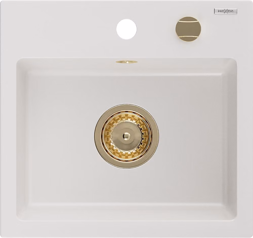Mexen Milo lavello in granito a 1 vasca 435 x 410 mm, bianco, sifone dorato - 6505441000-20-G