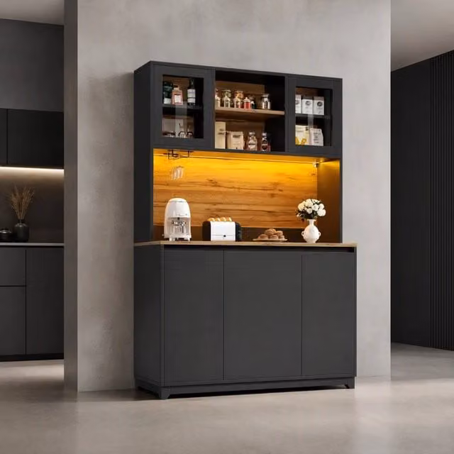 Credenza alta moderna con ante in acrilico e illuminazione LED, struttura in MDF e metallo, colore nero, L: 120 cm, P: 40 cm, H: 180 cm – 1