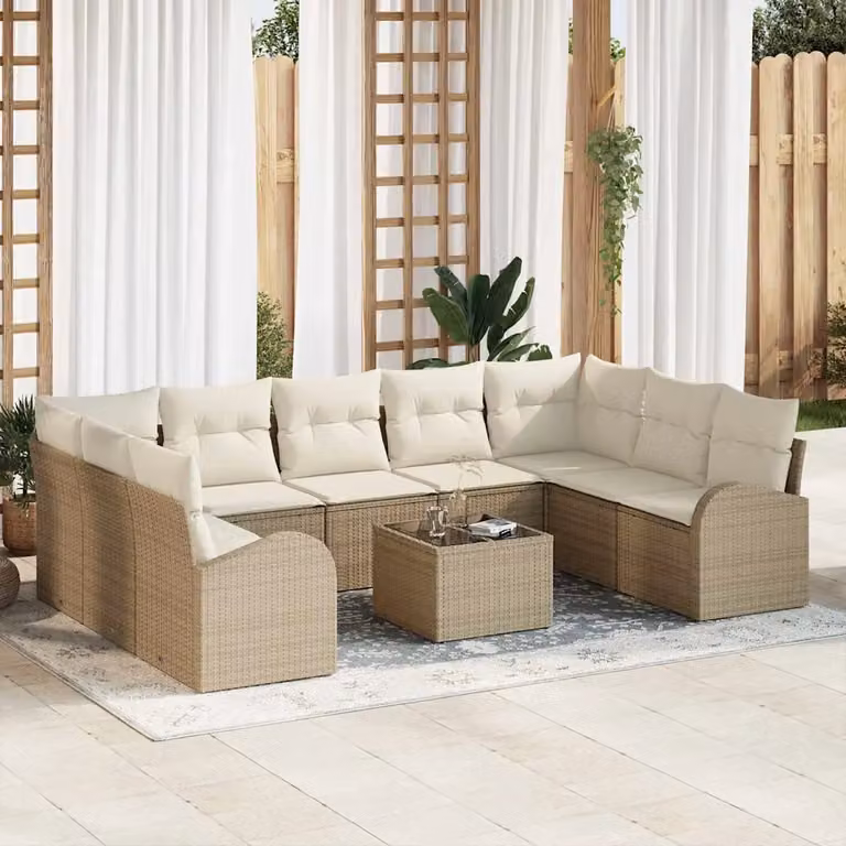 Set di divani da giardino vidaXL a forma di U composto da 10 pezzi per 9 posti, colore beige, con cuscini inclusi e struttura in metallo e rattan
