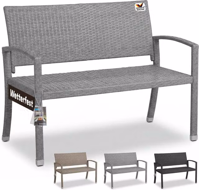 Panchina da giardino moderna Casaria in polyrattan grigio con braccioli L/P/H: 122 x 90 x 55 cm