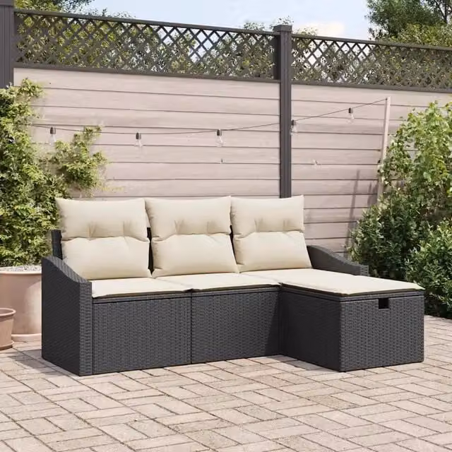 Set di divani da esterno a L vidaXL con pouf e cuscini, colore nero – 1