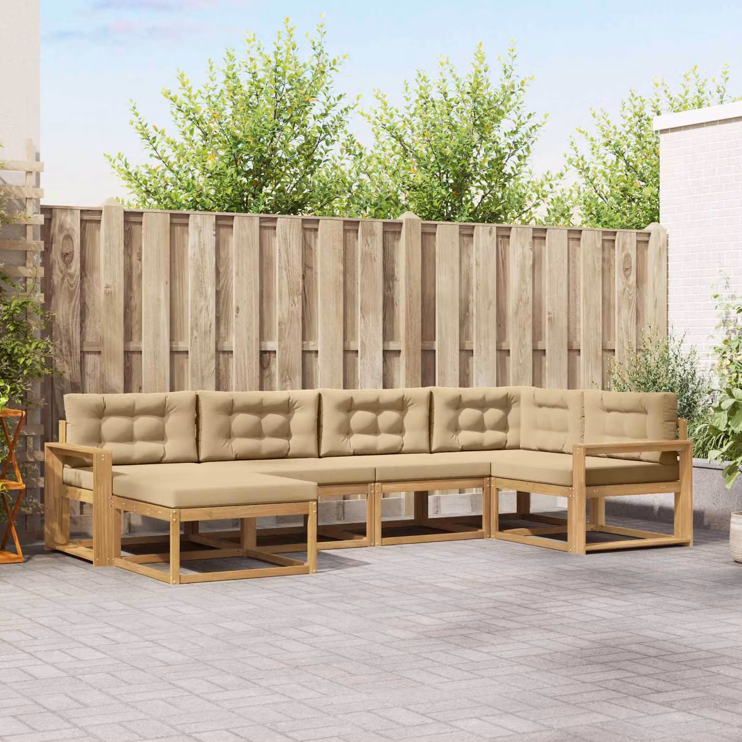 vidaXL Set di divani da esterno a forma di U composto da 5 pezzi in legno di acacia con cuscini, colori bianco, beige e marrone