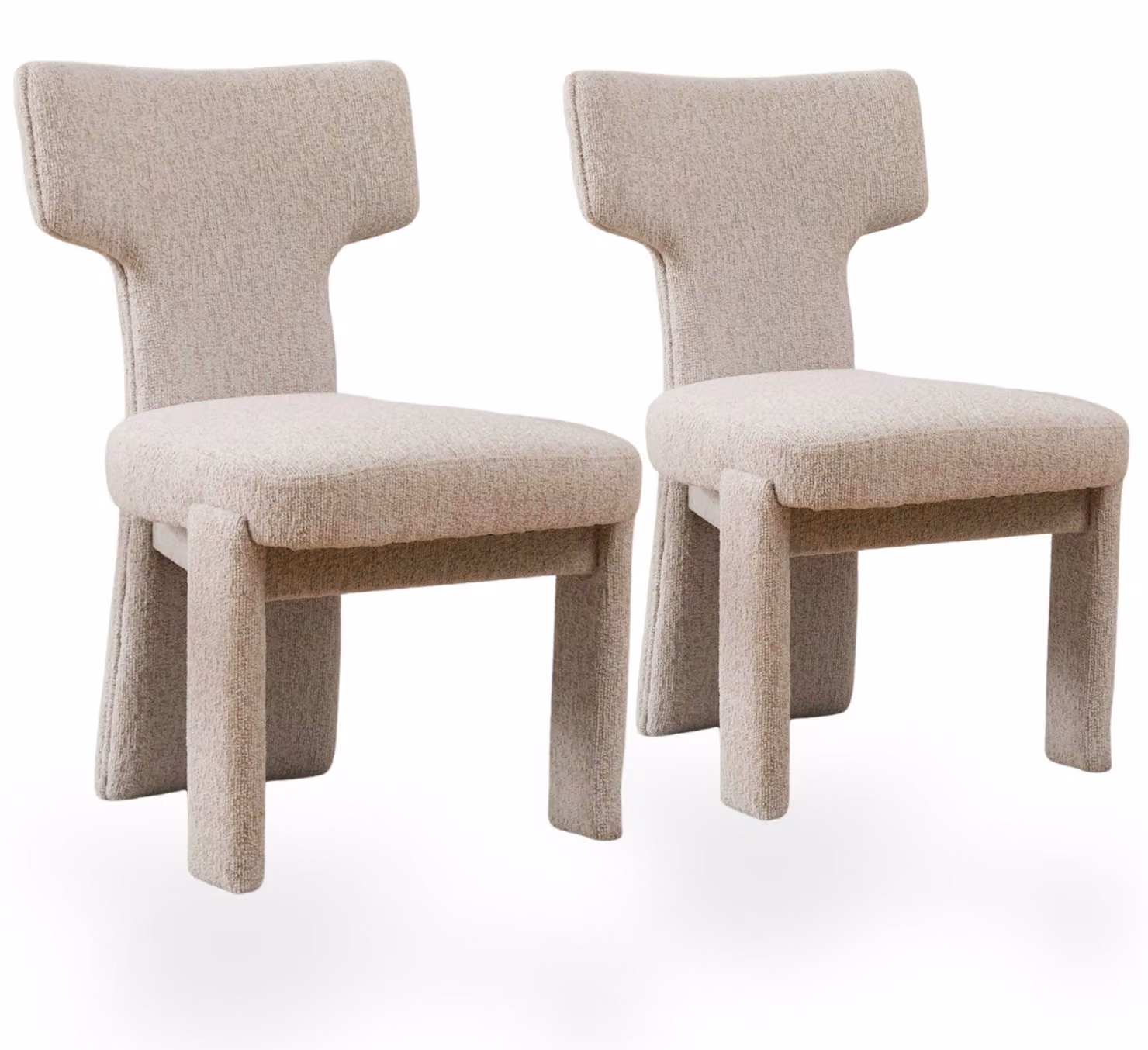 Set di 2 poltrone da pranzo in velluto, con schienale aperto a forma di T e struttura in legno, color beige