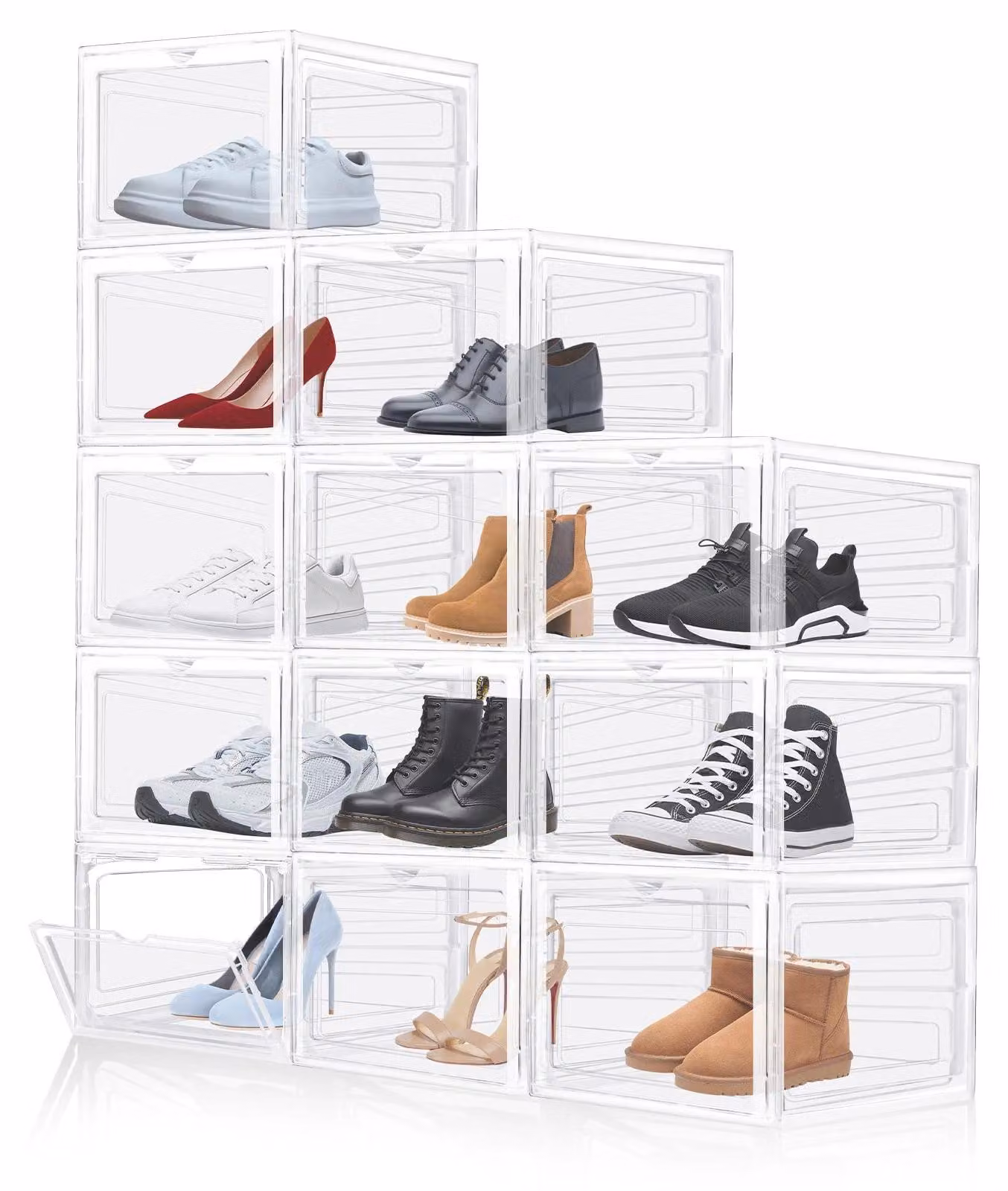 Set di 12 contenitori per scarpe - Organizer trasparente impilabile - Plastica rigida in PP - Sportello magnetico - 34x27x19 cm